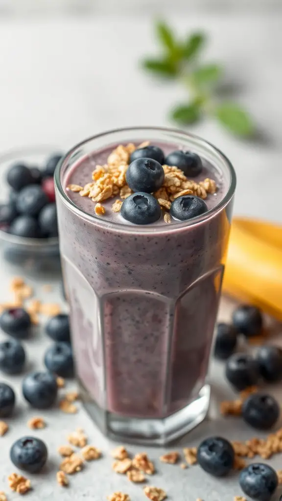 A glass of Blueberry Banana Bliss smoothie topped with granola and blueberries, surrounded by fresh blueberries and a banana.