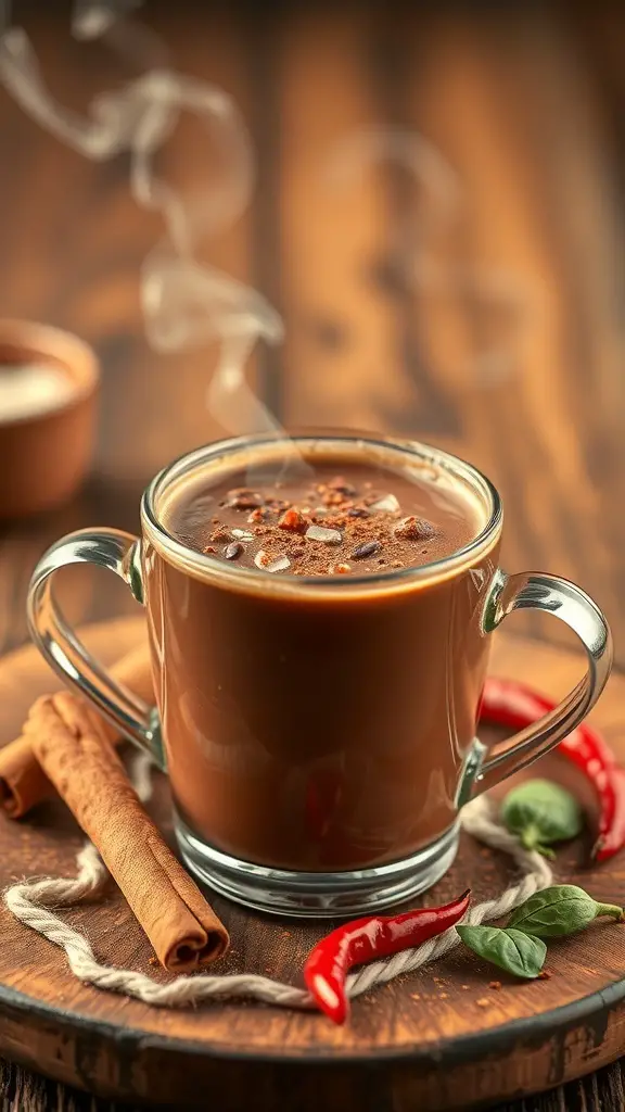 A steaming cup of spicy Mexican hot chocolate with cinnamon sticks and red chilies on a wooden surface.