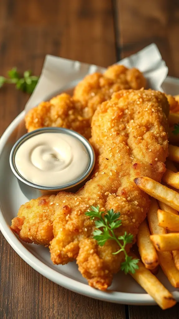 Plate of beer-battered cod with tartar sauce and fries