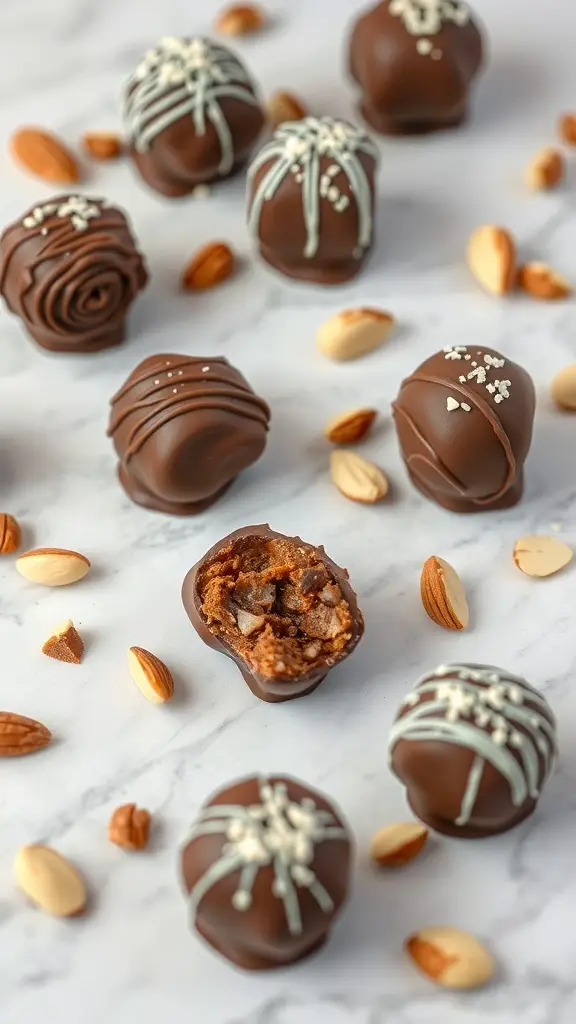 A variety of date and almond truffles coated in chocolate, with some almonds scattered around.