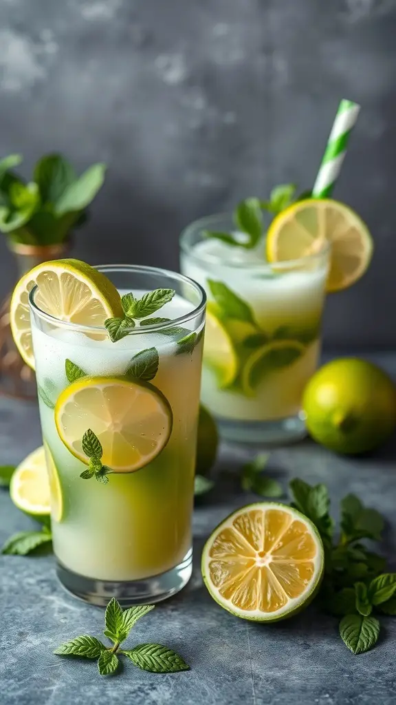 A refreshing Lime Mint Mojito Smoothie with lime slices and mint leaves