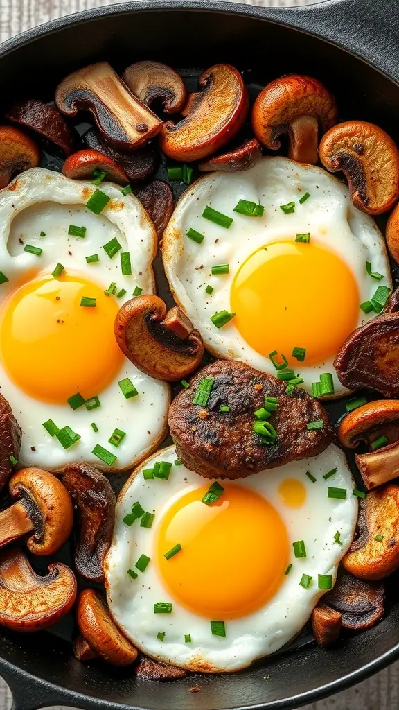 A close-up of a carnivore breakfast skillet with eggs, sausage, and mushrooms.