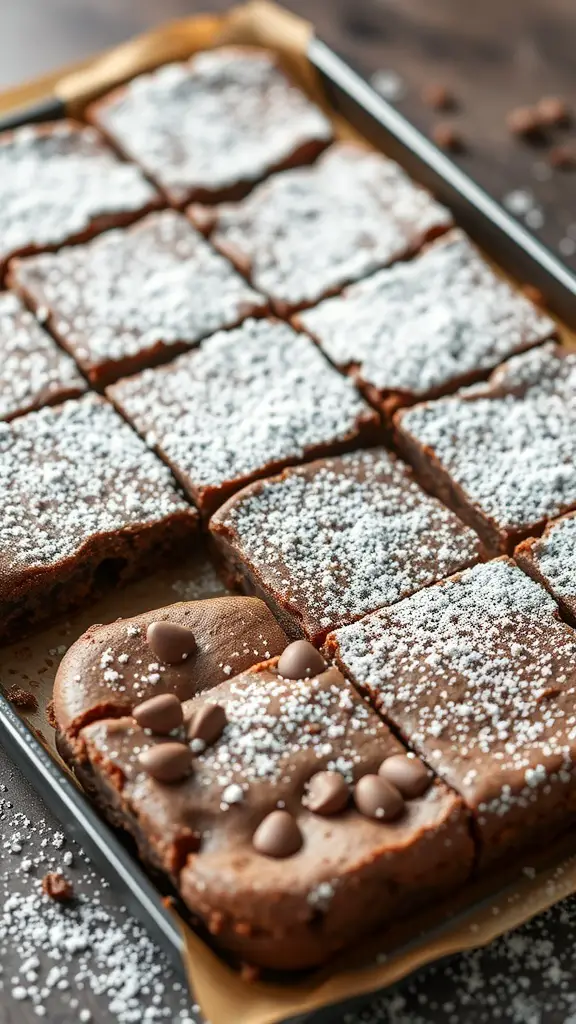 A tray of cottage cheese brownies dusted with powdered sugar and topped with chocolate chips.