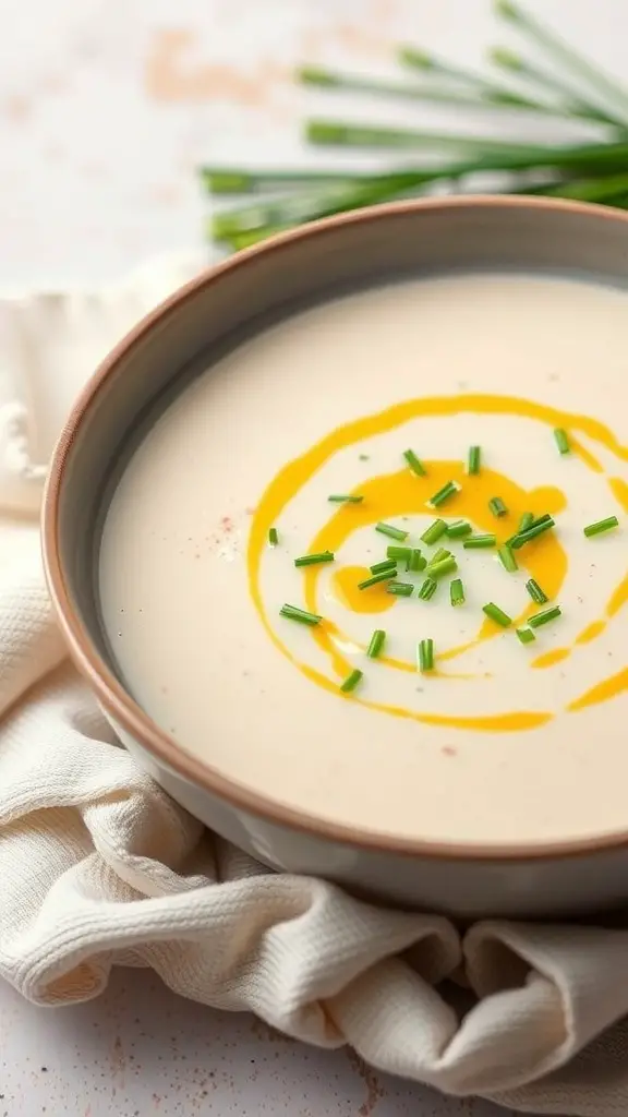 A bowl of creamy cauliflower soup with a swirl of oil and chives on top.