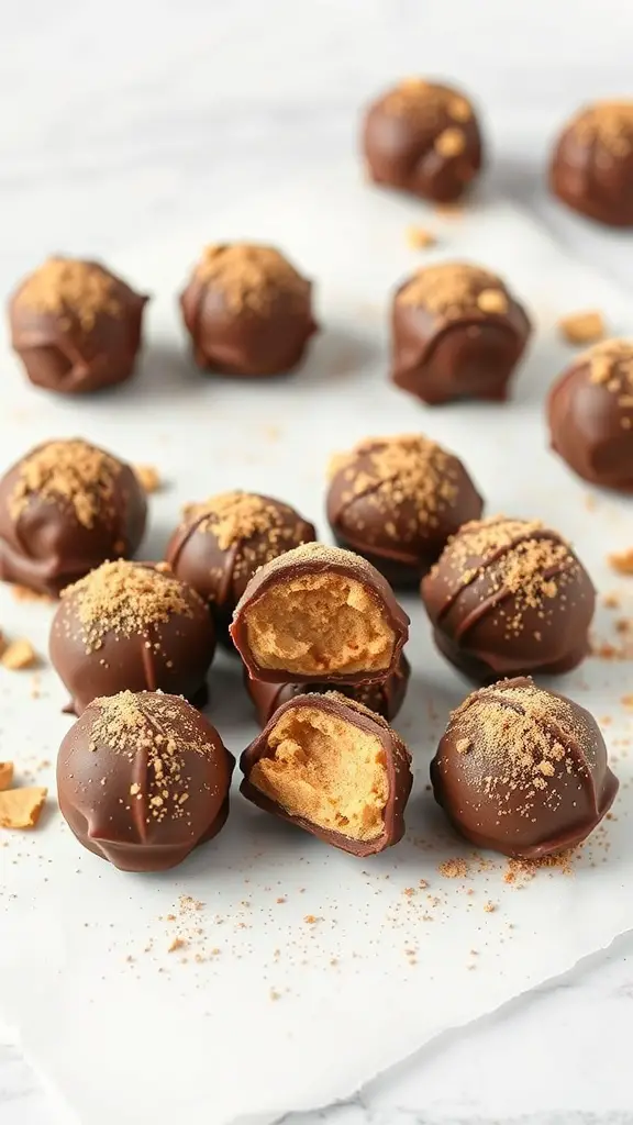 A plate of peanut butter chocolate truffles, some whole and some cut in half, showcasing the creamy filling.