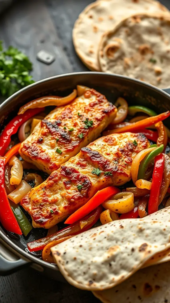 A skillet with catfish fillets, colorful peppers, and onions, served with tortillas.
