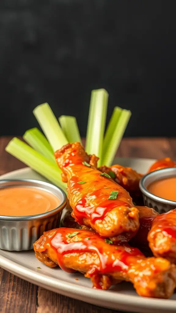 A plate of spicy chicken wings with homemade sauce, garnished with celery sticks and dipping sauces.