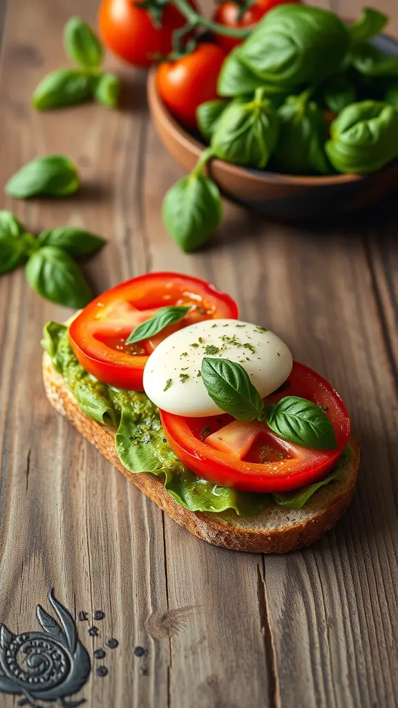 A Caprese sandwich with pesto, featuring tomatoes, mozzarella, and basil on crusty bread.