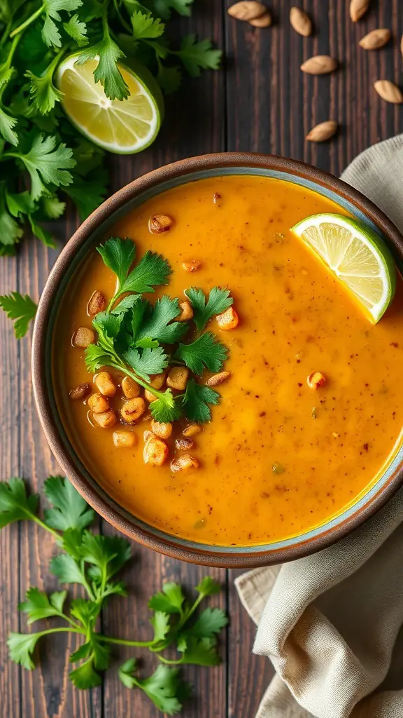 A bowl of Coconut Curry Lentil Soup garnished with cilantro and lime, surrounded by fresh herbs and nuts.
