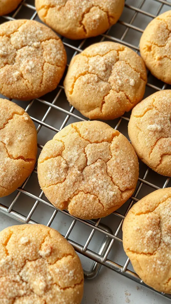 Freshly baked snickerdoodle cookies on a cooling rack