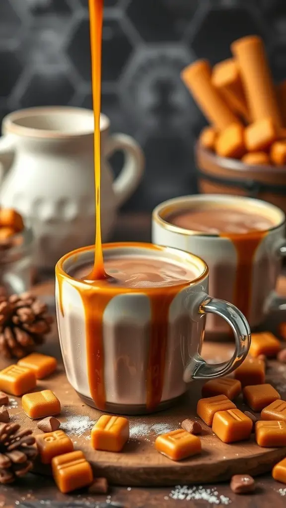 A cozy scene featuring a cup of hot chocolate with caramel drizzle, surrounded by caramel candies and pinecones.