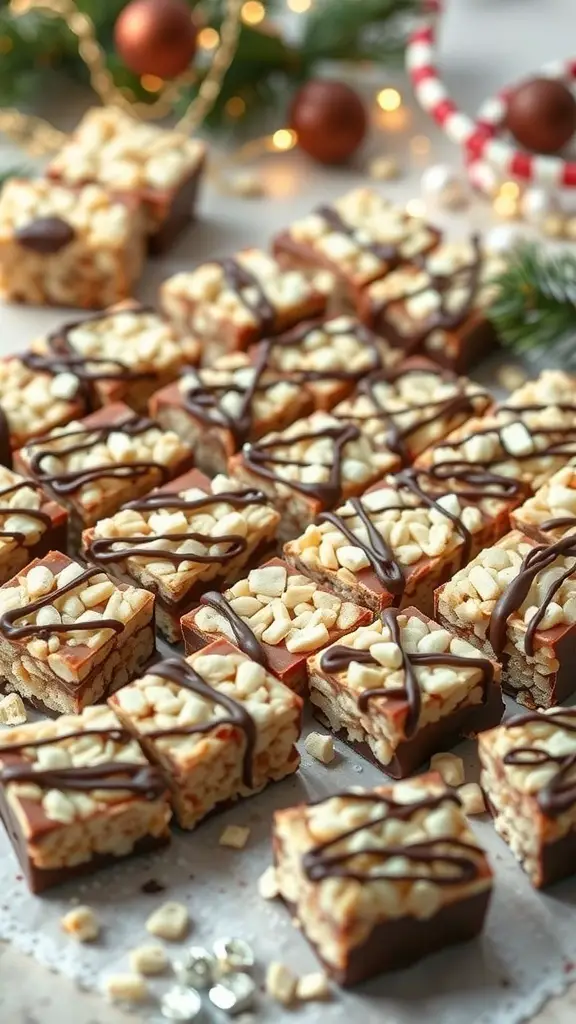 A variety of chocolate dipped rice crispy treats arranged on a table, decorated with festive elements.