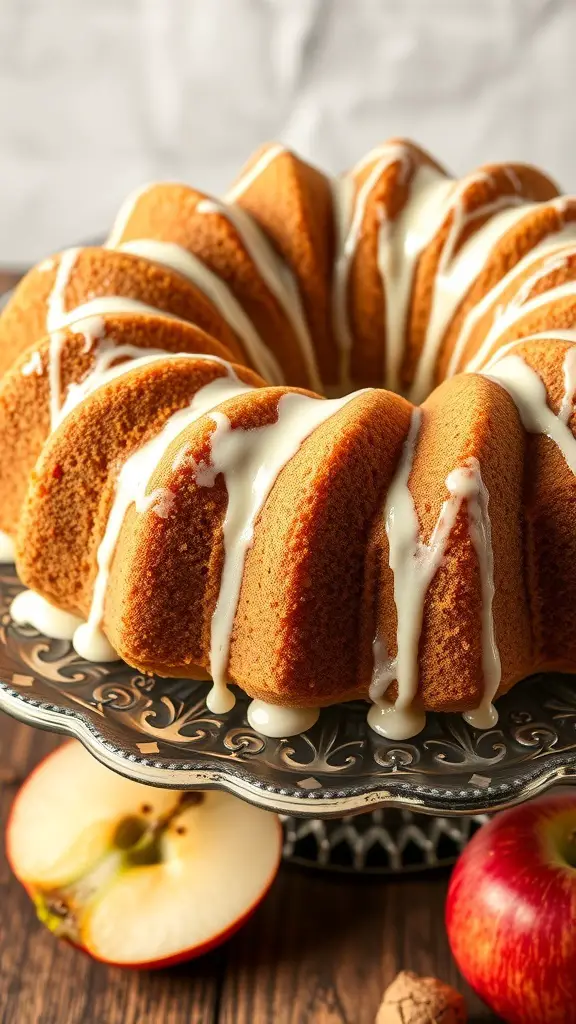 A beautifully baked Apple Cinnamon Bundt Cake with icing on a decorative cake stand, surrounded by fresh apples.