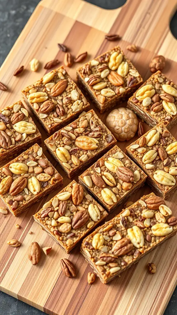 Nutty energy bar squares arranged on a wooden cutting board