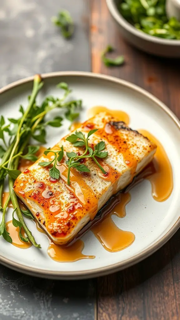 A beautifully plated honey mustard glazed sea bass with fresh herbs
