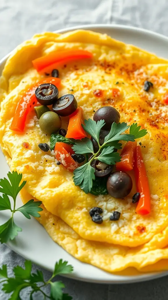 A Mediterranean veggie omelette topped with olives, bell peppers, and parsley.