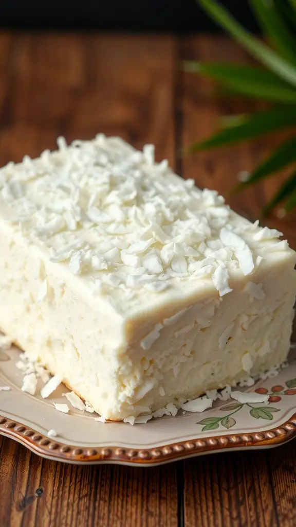 A slice of coconut cream sheet cake topped with shredded coconut on a decorative plate.