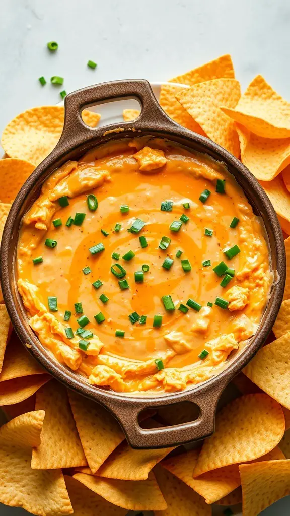 A creamy Buffalo Chicken Dip topped with green onions, surrounded by tortilla chips.