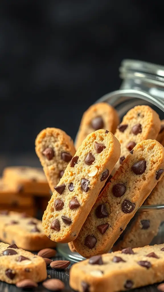 A jar filled with crunchy almond biscotti cookies, some with chocolate chips, on a dark background.