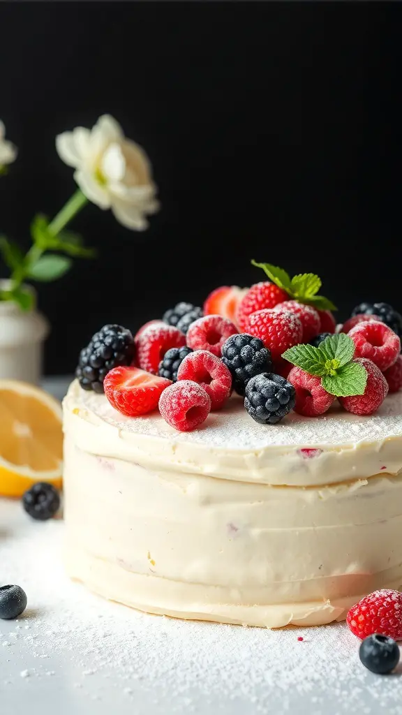 A lemon chiffon cake topped with fresh berries and mint leaves, with a lemon half and powdered sugar sprinkled around.