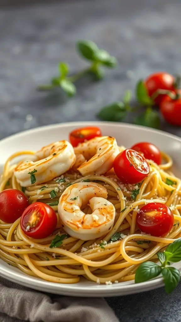 A plate of pesto pasta topped with grilled shrimp and cherry tomatoes.
