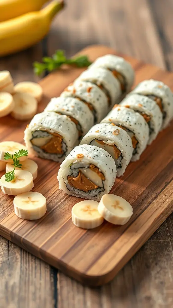 Peanut butter and banana sushi rolls on a wooden board with banana slices