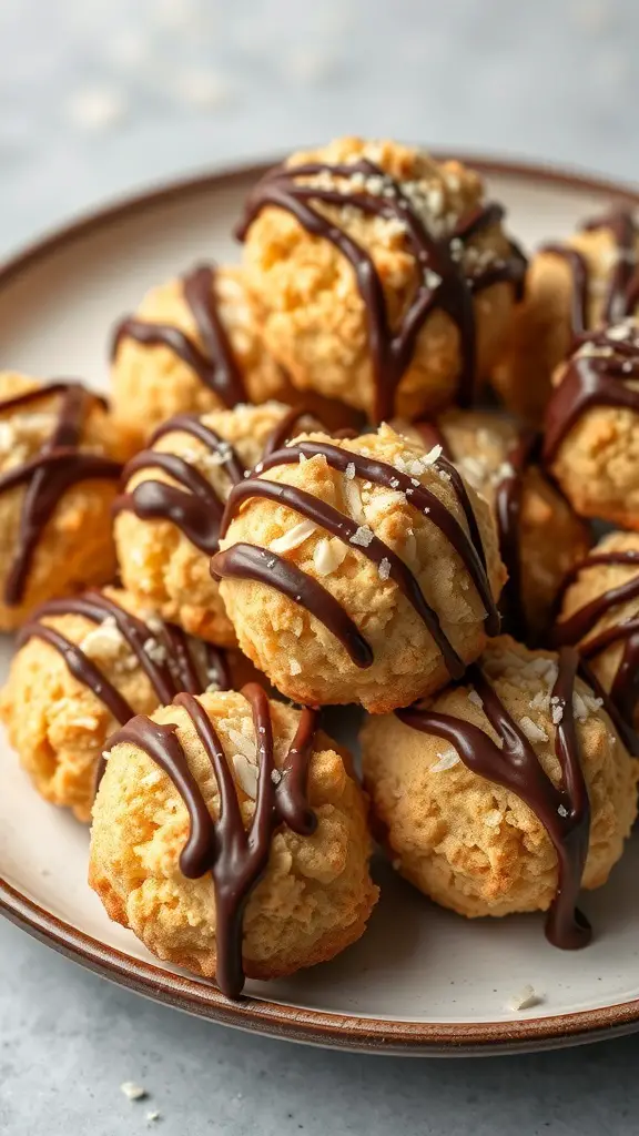 A plate of chocolate coconut macaroons drizzled with chocolate.