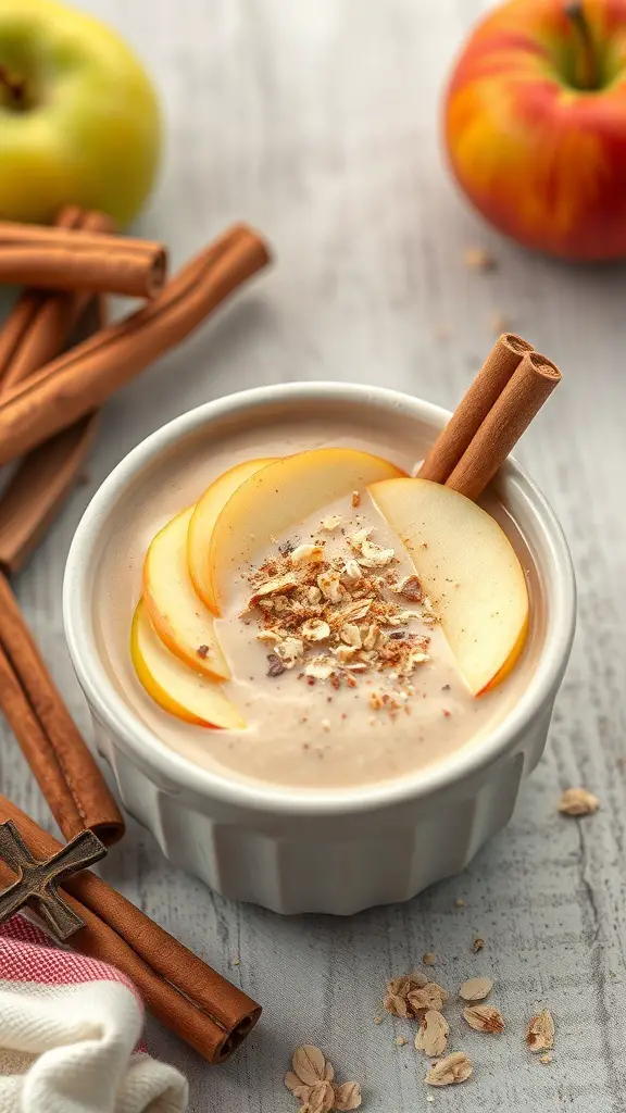 A bowl of Apple Cinnamon Oatmeal Smoothie topped with apple slices and cinnamon sticks, surrounded by fresh apples and oats.