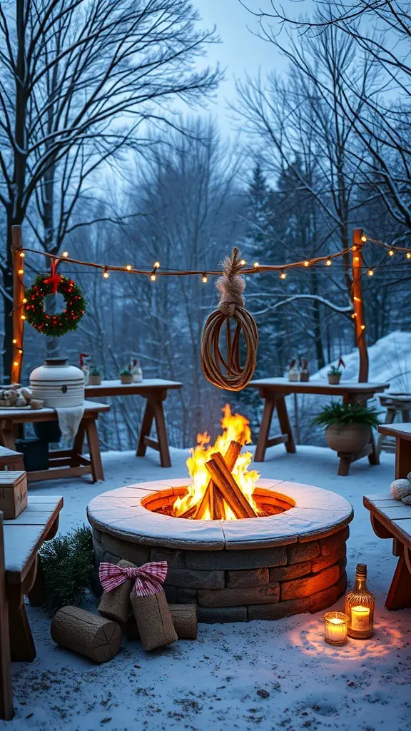 Outdoor hot cocoa bar with a fire pit and festive decorations in a snowy setting