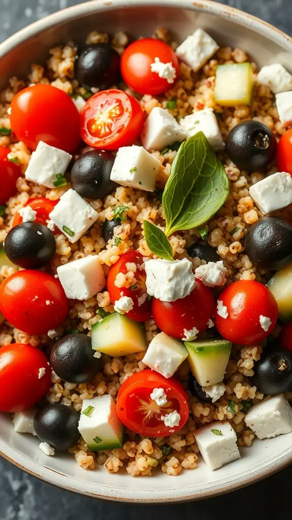 A bowl of Mediterranean quinoa salad with cherry tomatoes, cucumbers, black olives, and feta cheese.