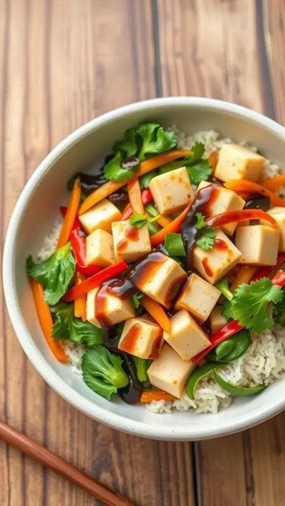 A bowl of vegetable stir-fry with tofu, featuring colorful veggies and rice.