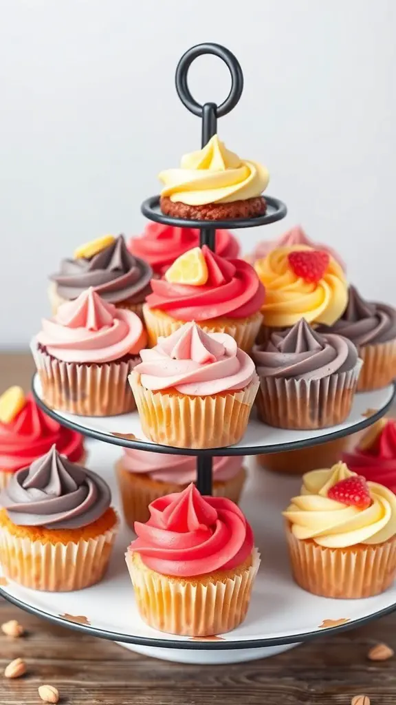 A tiered stand displaying colorful mini cupcakes with various whipped frostings.