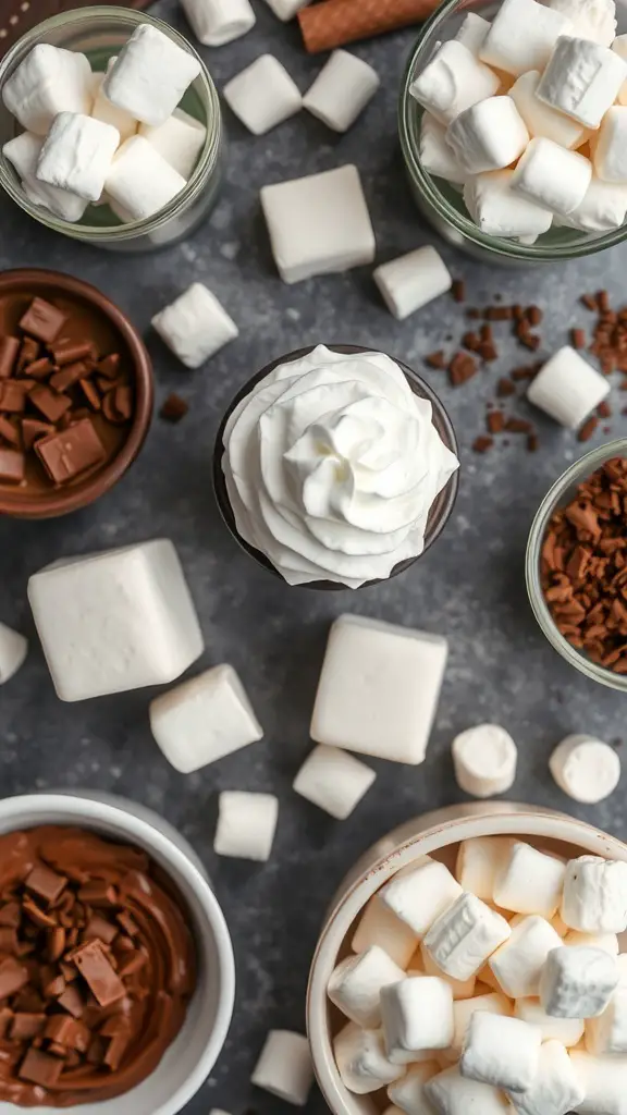 A variety of hot cocoa toppings including marshmallows, chocolate, and whipped cream.