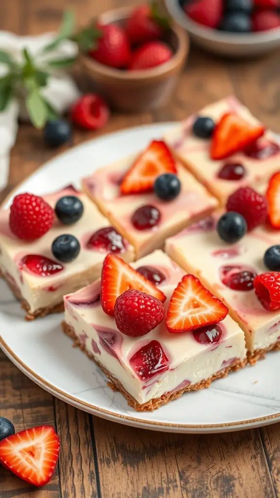 Delicious fruity cheesecake bars topped with strawberries, raspberries, and blueberries on a plate.