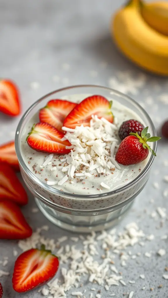 Chia seed pudding topped with strawberries, raspberries, and coconut flakes in a glass bowl.