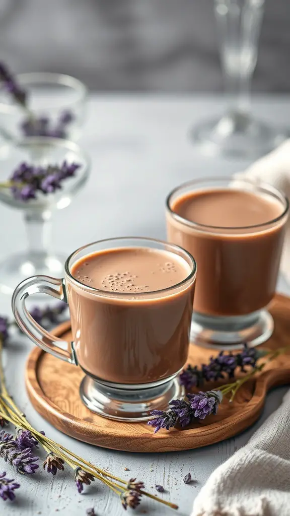 Two glasses of lavender infused hot chocolate on a wooden tray with lavender sprigs