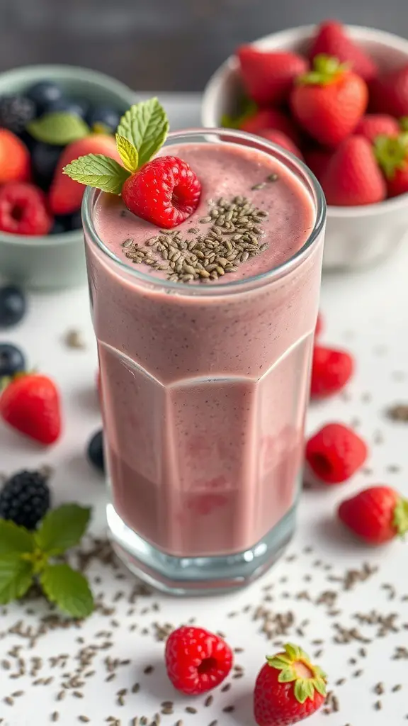 A glass of Chia Seed Berry Smoothie topped with a raspberry and mint, surrounded by fresh berries.