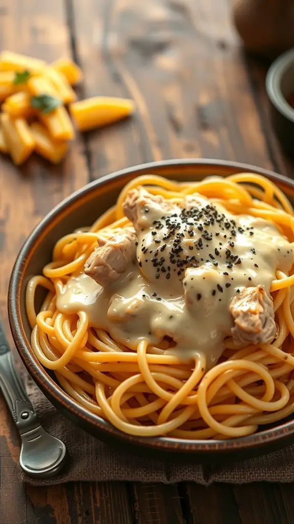 A bowl of spaghetti topped with Alfredo sauce and chicken pieces, garnished with black pepper.