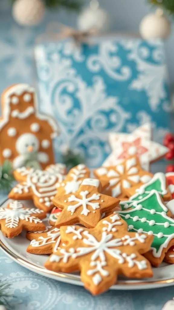 A plate of beautifully decorated gingerbread cookies in various shapes, including snowflakes and Christmas trees, with a festive background.