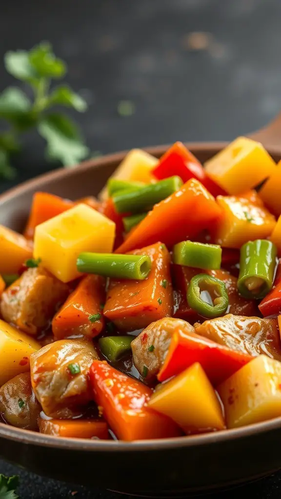 A bowl of sweet and sour chicken with colorful vegetables and chunks of pineapple.