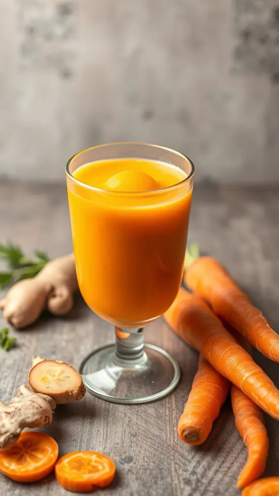 A glass of carrot ginger smoothie with fresh carrots and ginger on the side.