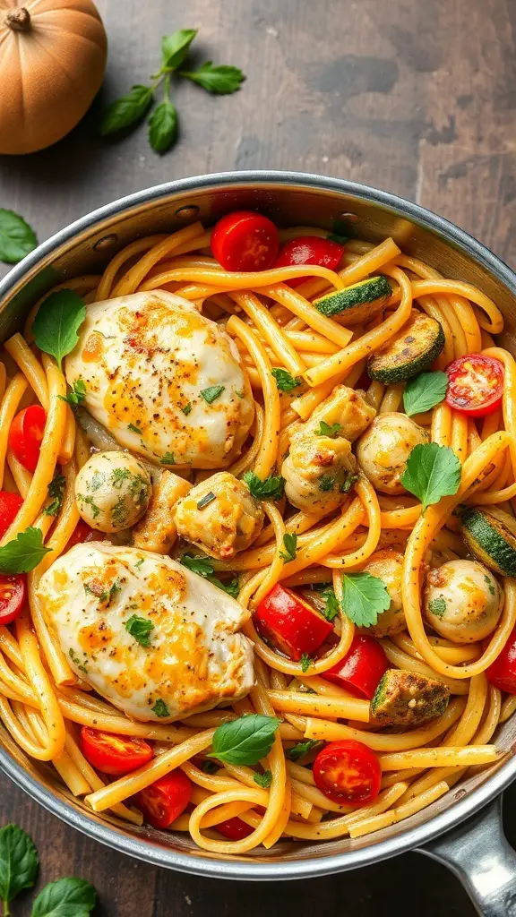 A close-up of One-Pan Chicken Pasta Primavera with chicken, cherry tomatoes, and zucchini in a pan.