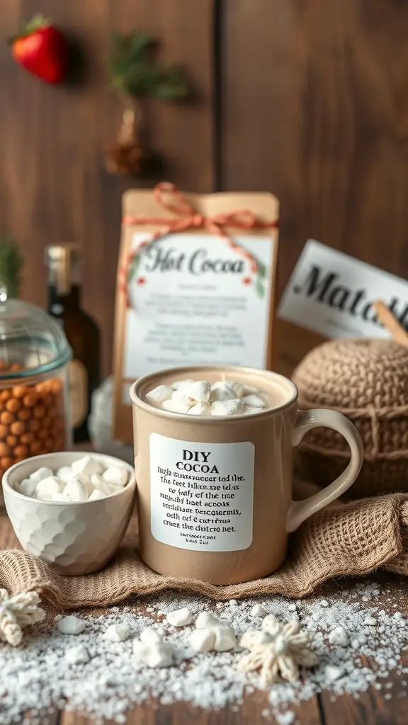 A cozy DIY hot cocoa kit with a mug of hot cocoa topped with marshmallows, a bowl of marshmallows, and a decorative package.