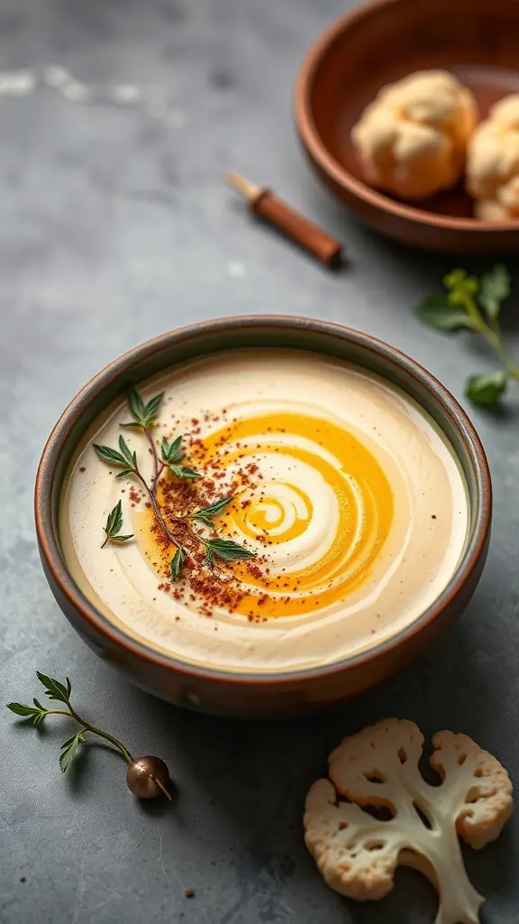 A bowl of creamy Mediterranean cauliflower soup garnished with herbs and olive oil.
