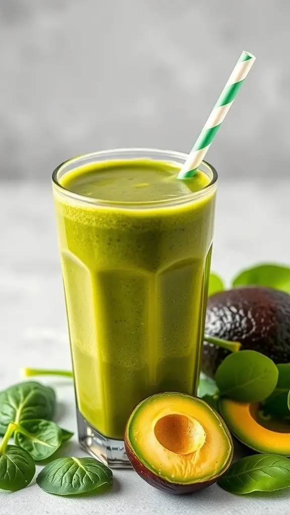 A glass of creamy avocado and spinach smoothie with a green striped straw, surrounded by fresh spinach and a halved avocado.