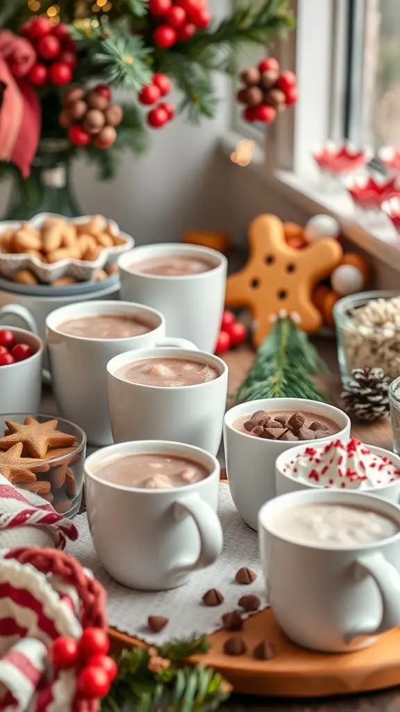 A cozy hot cocoa station with mugs of hot cocoa, toppings, and festive decorations.