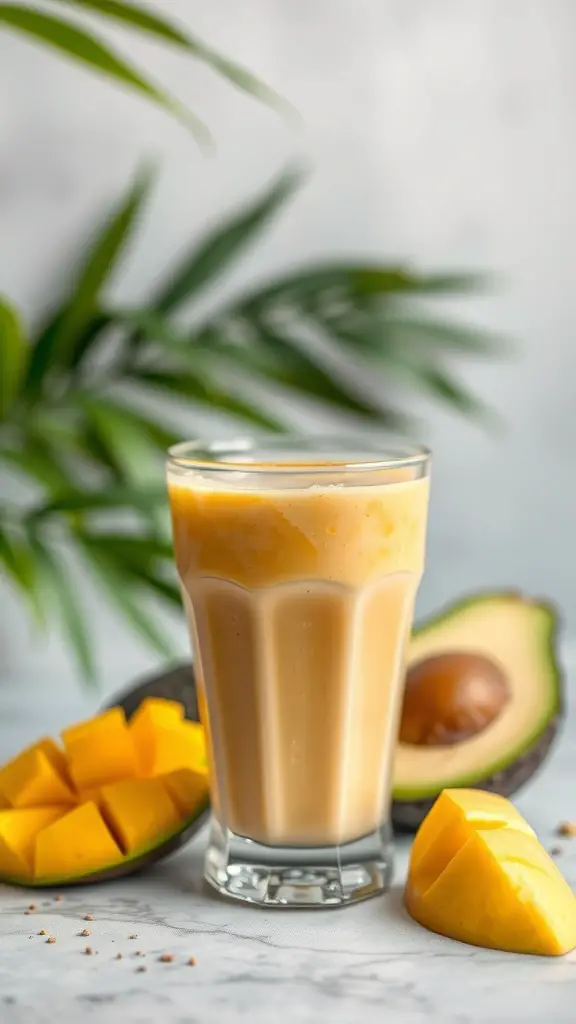 A glass of mango avocado smoothie with fresh mango and avocado slices beside it.