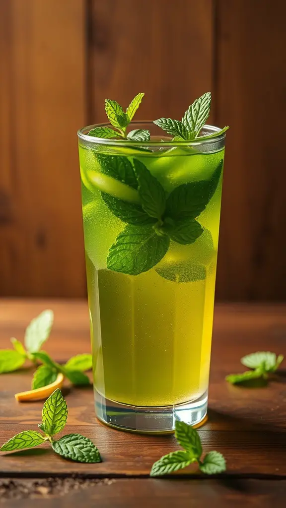 A refreshing glass of green tea infusion with mint leaves on a wooden table.