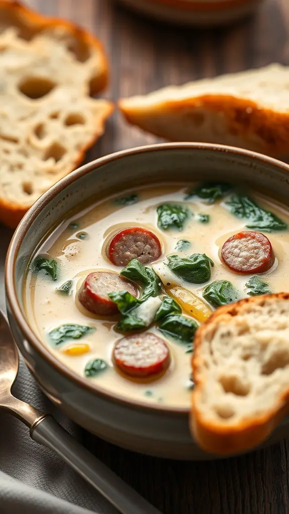 A bowl of creamy sausage and spinach soup with slices of sausage and fresh spinach, accompanied by crusty bread.