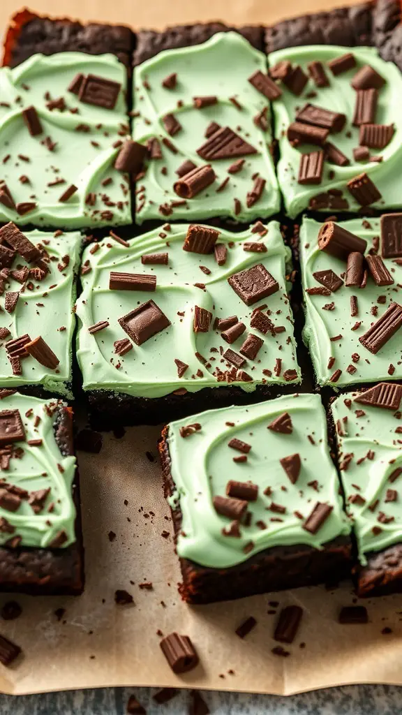 Chocolate mint brownies with green frosting and chocolate shavings